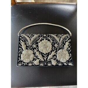 Vintage Black Velvet Evening Bag Clutch Silver Wire Embroidery Zardozi Art Deco